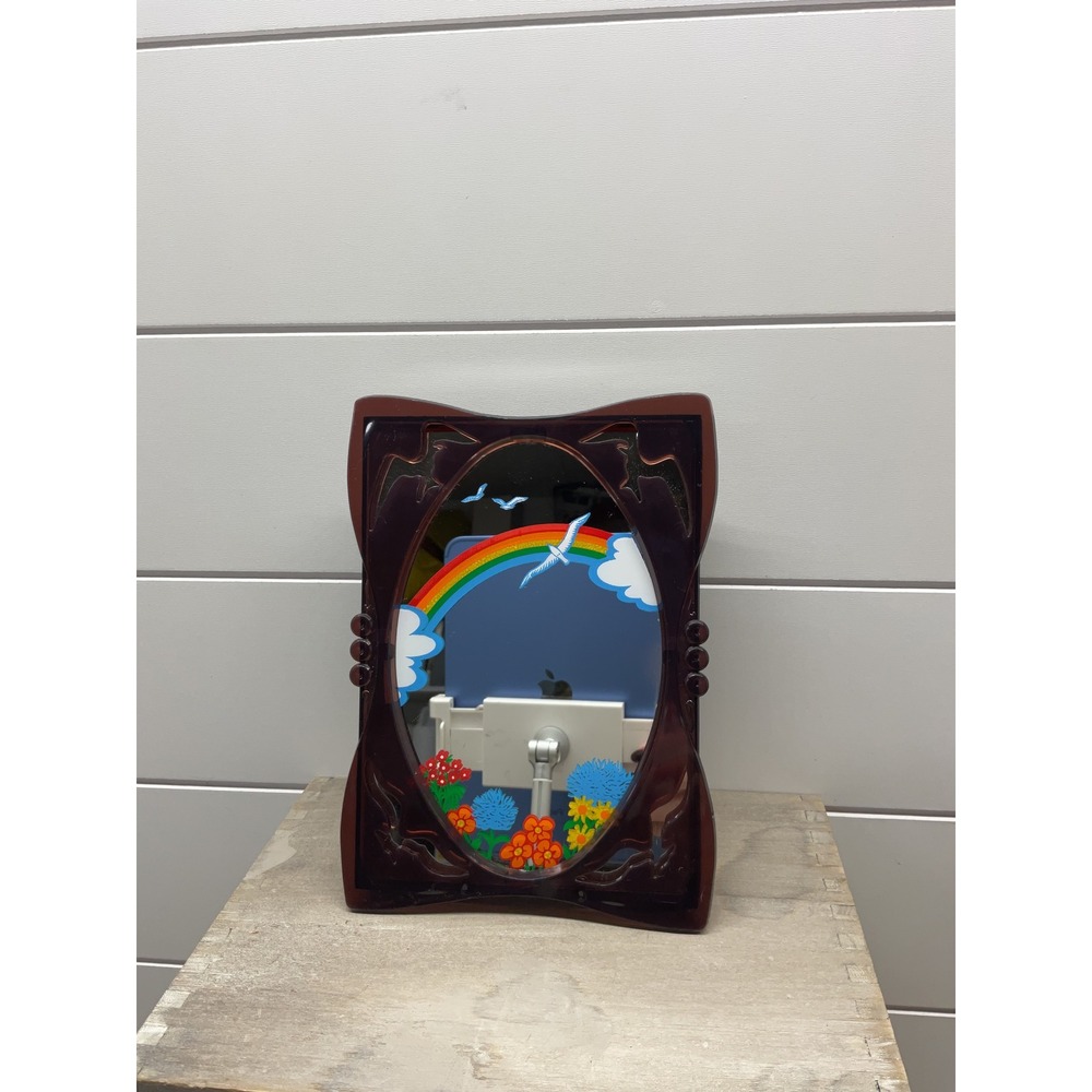Vintage 1984 Yap's Musical Vanity Mirror Rainbow Birds Flowers Brown Acrylic 8"
